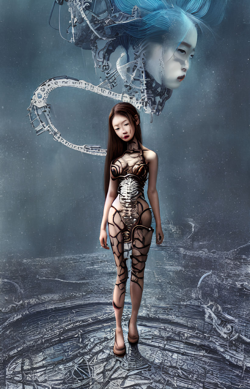 Cybernetically enhanced female figure with ethereal head in surreal landscape.
