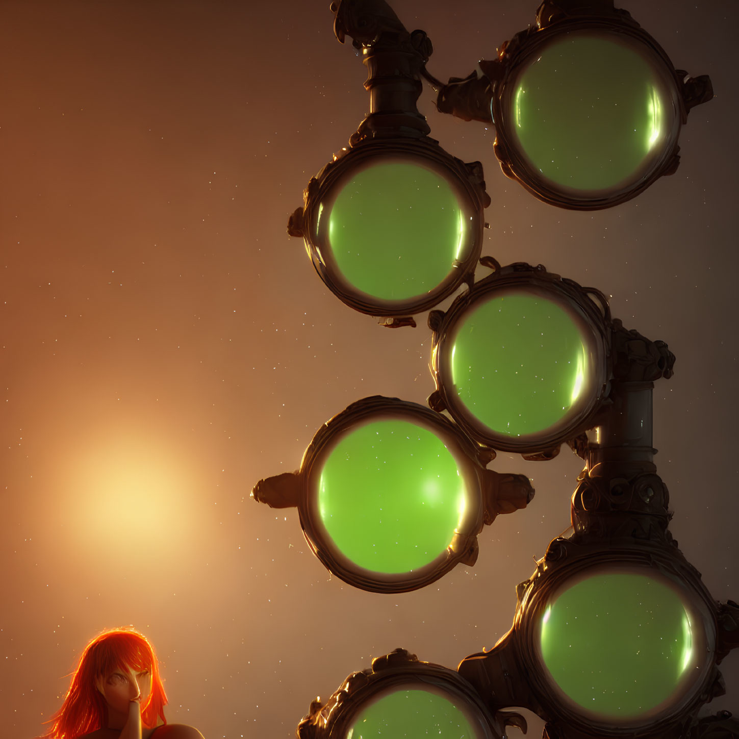 Red-haired person admires large steampunk goggles at sunset