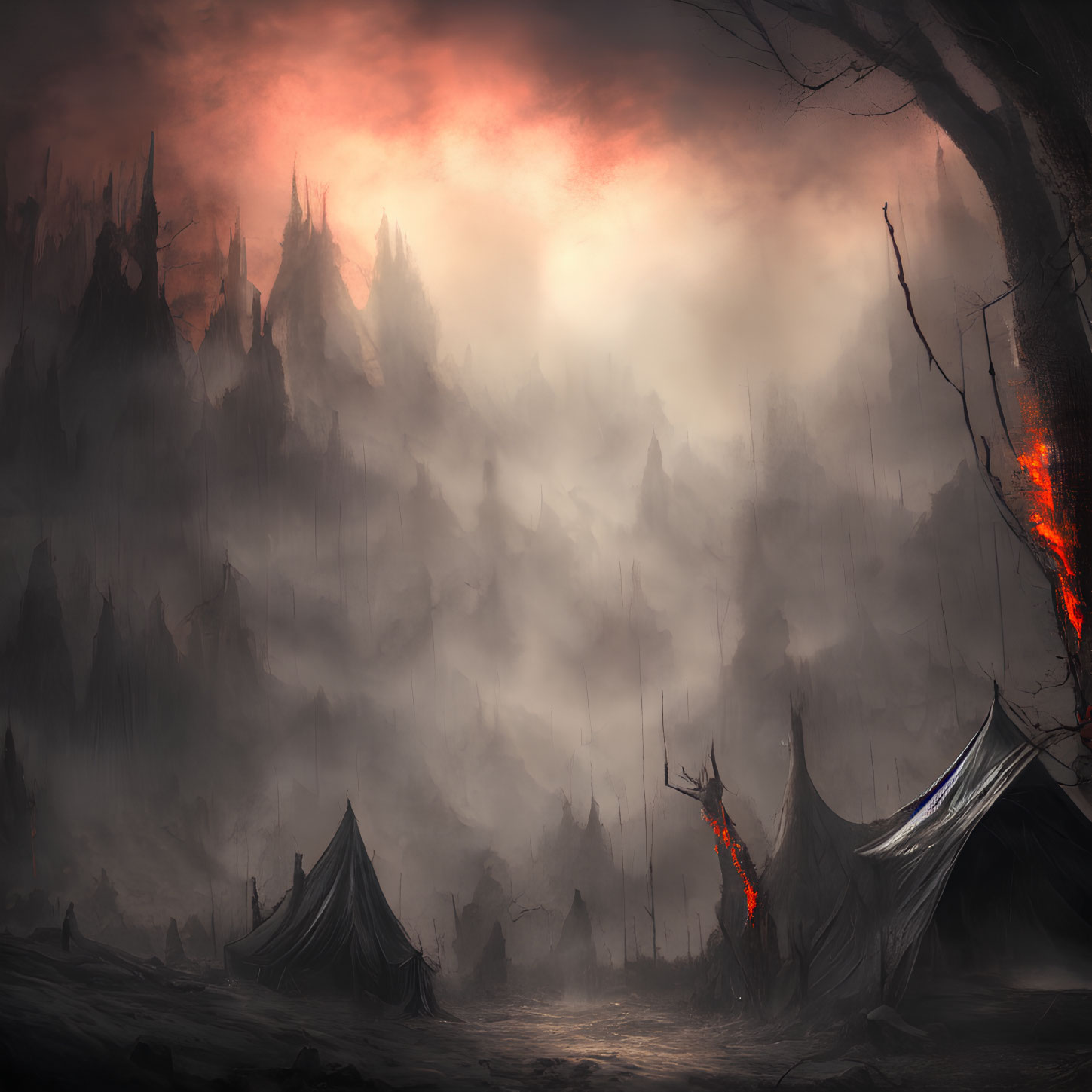 Dark Fantasy Landscape with Ominous Mountains and Red Sky