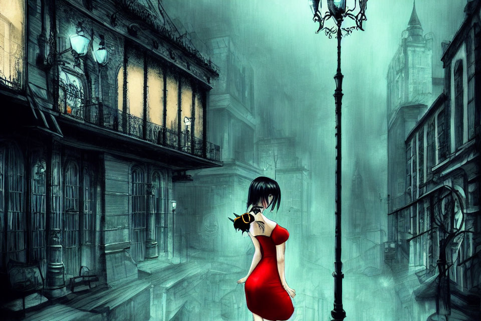 Woman in Red Dress Stands in Foggy Gothic Street