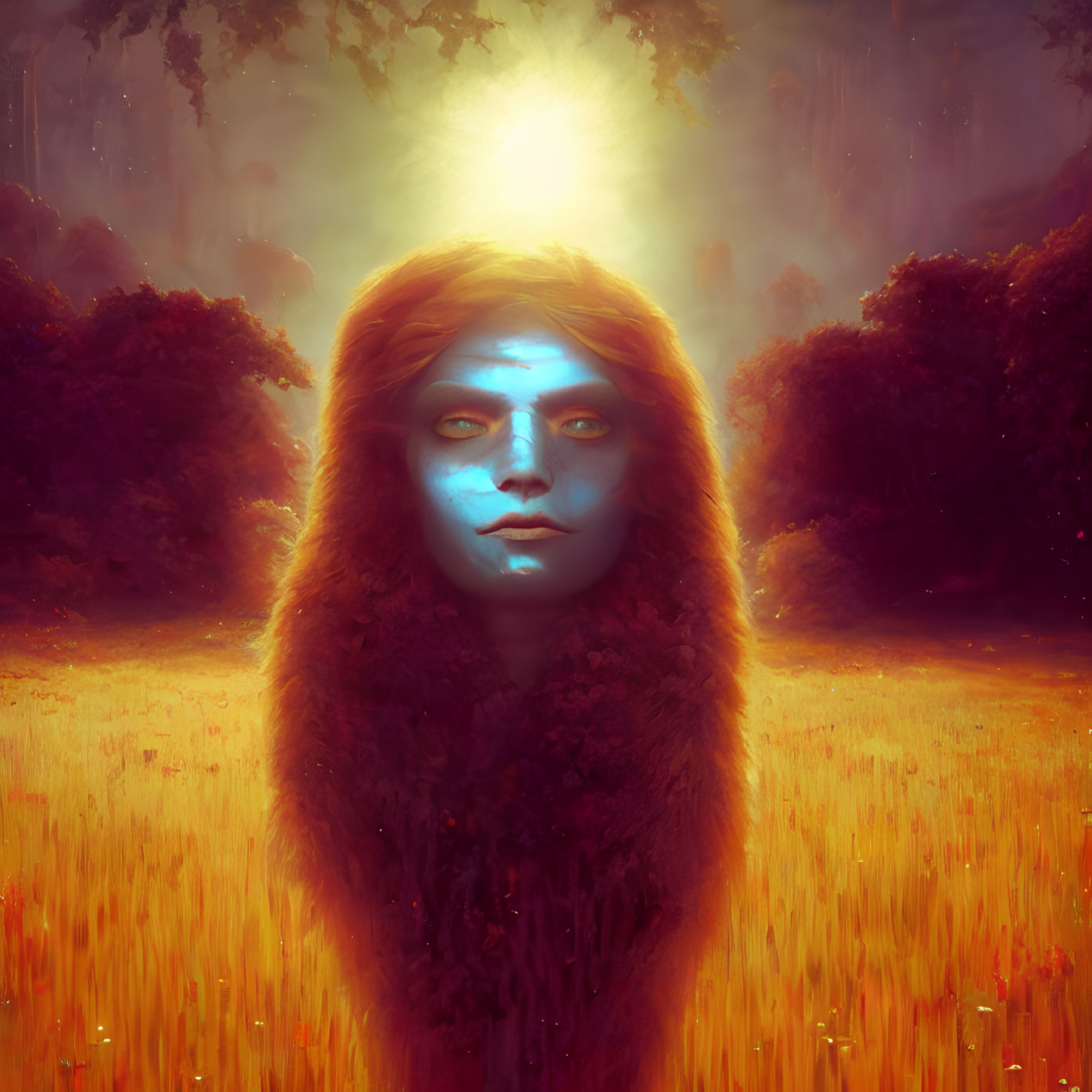 Mystical female figure with blue facial markings in sunlit meadow