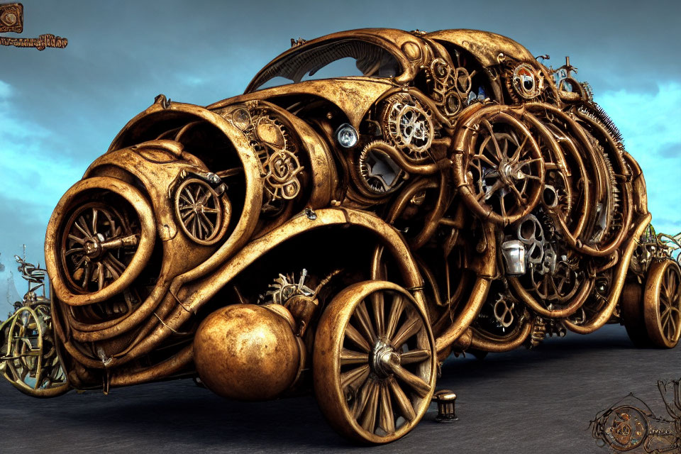 Steampunk-inspired vehicle with intricate gears and ornate wheels