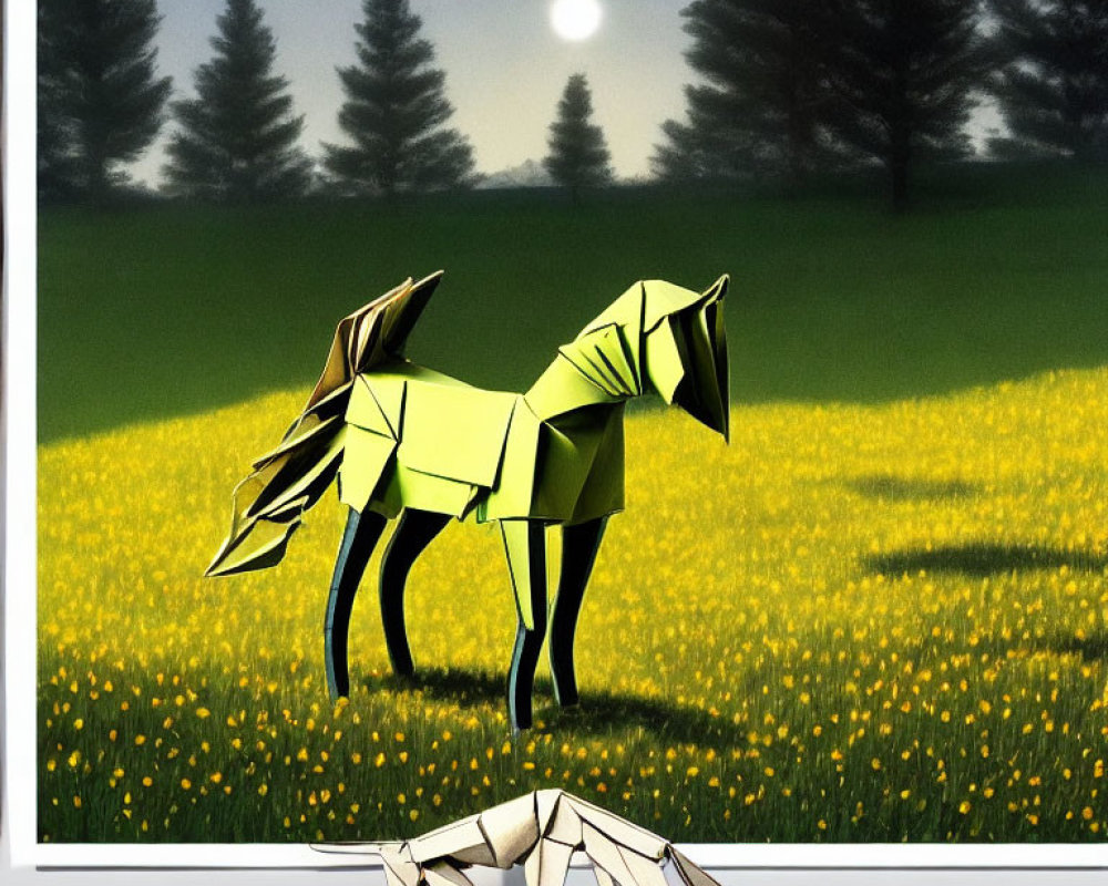 Origami-style horse in sunny field with trees and smaller figure
