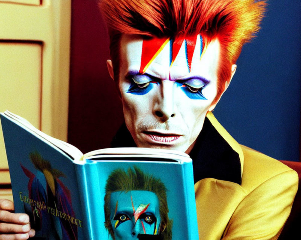 Person with Red Hair Reading Book with Matching Lightning Bolt Face Paint