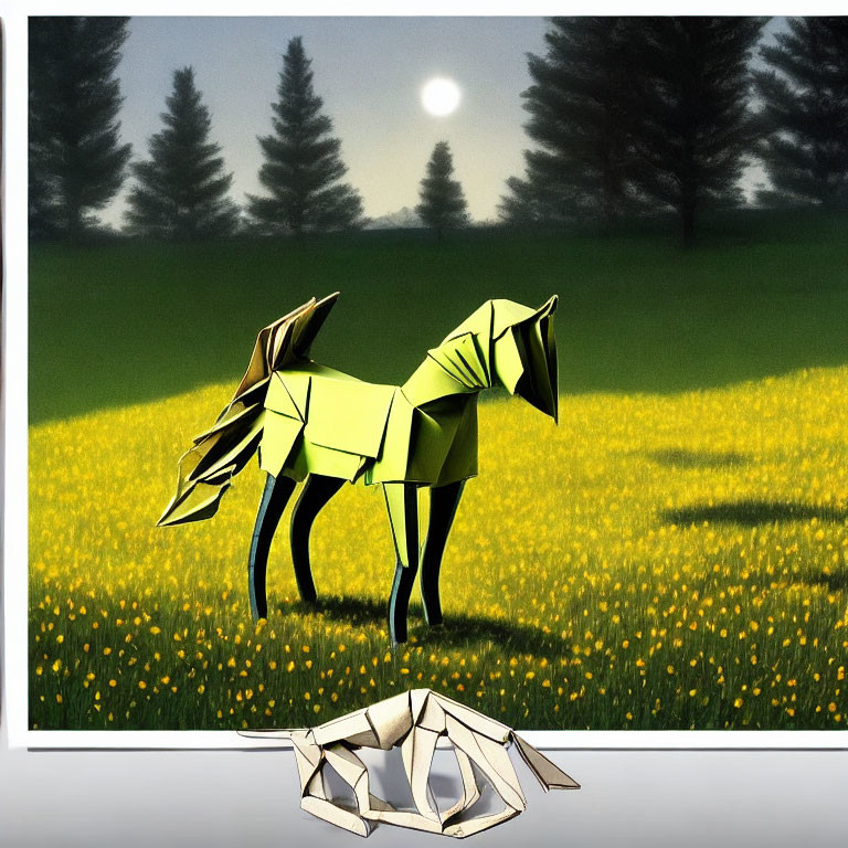 Origami-style horse in sunny field with trees and smaller figure