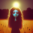 Mystical female figure with blue facial markings in sunlit meadow