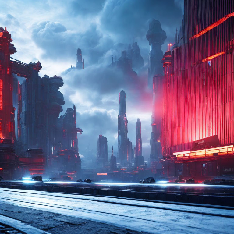 Futuristic cityscape at dusk with towering skyscrapers and red neon lights