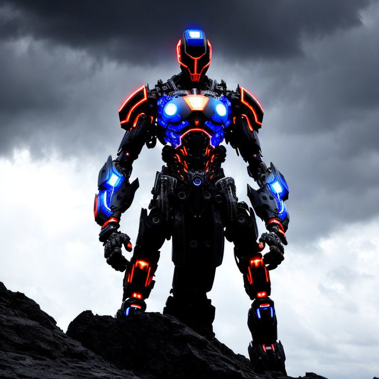 Menacing robot with red and blue lights on rocky terrain under stormy sky