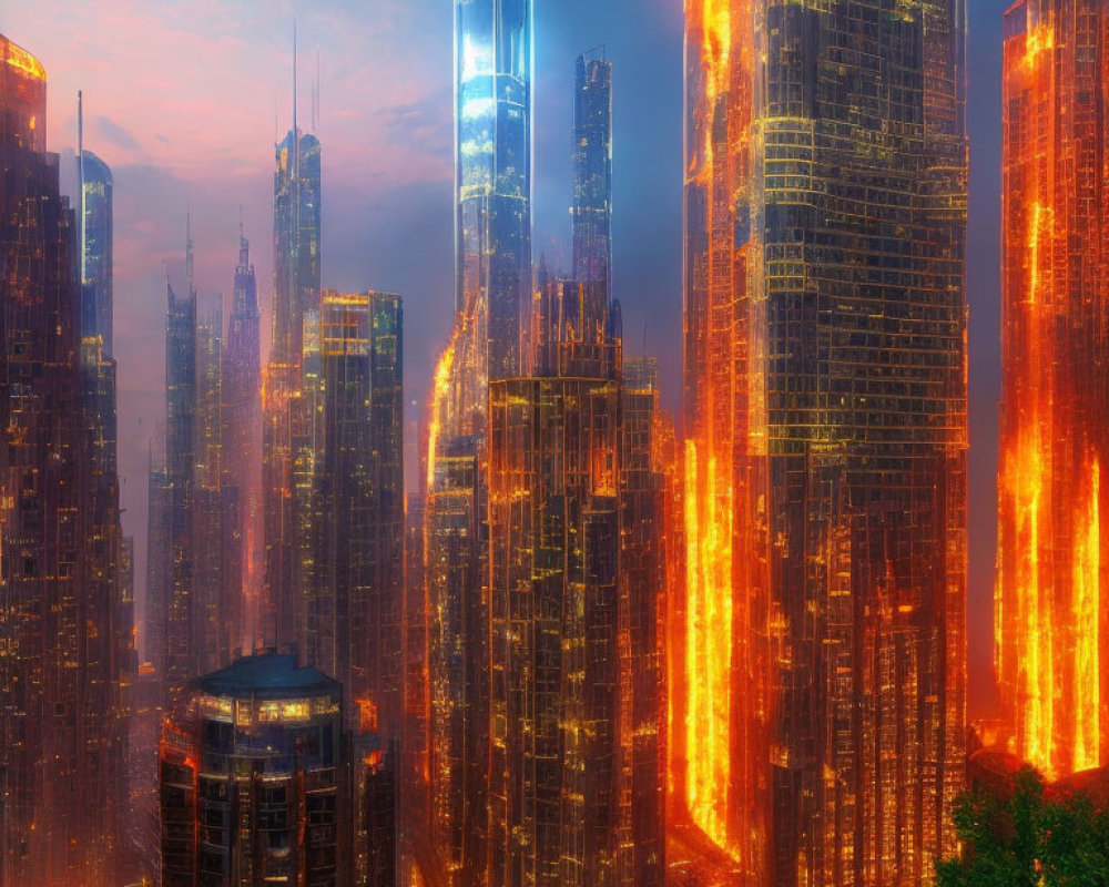 Cityscape with flaming skyscrapers and serene twilight sky