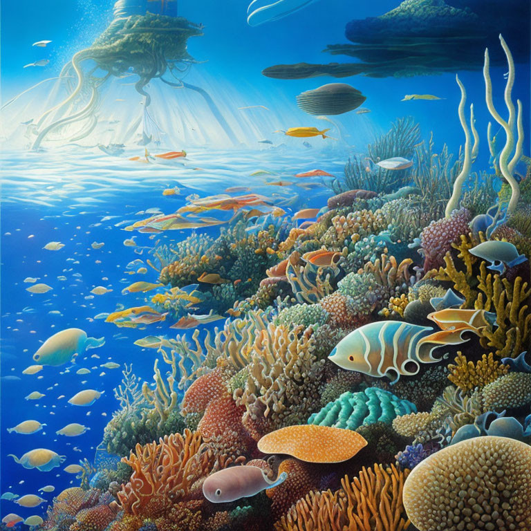 Vibrant underwater scene with diverse fish, corals, and jellyfish in sunlight.