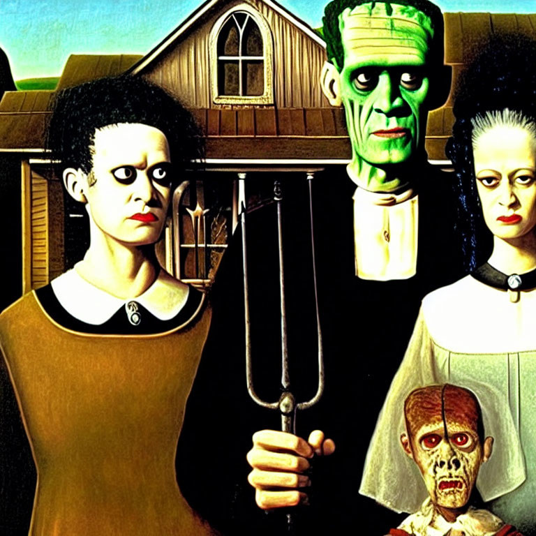 Stylized Gothic family portrait with pale and green figures in front of house
