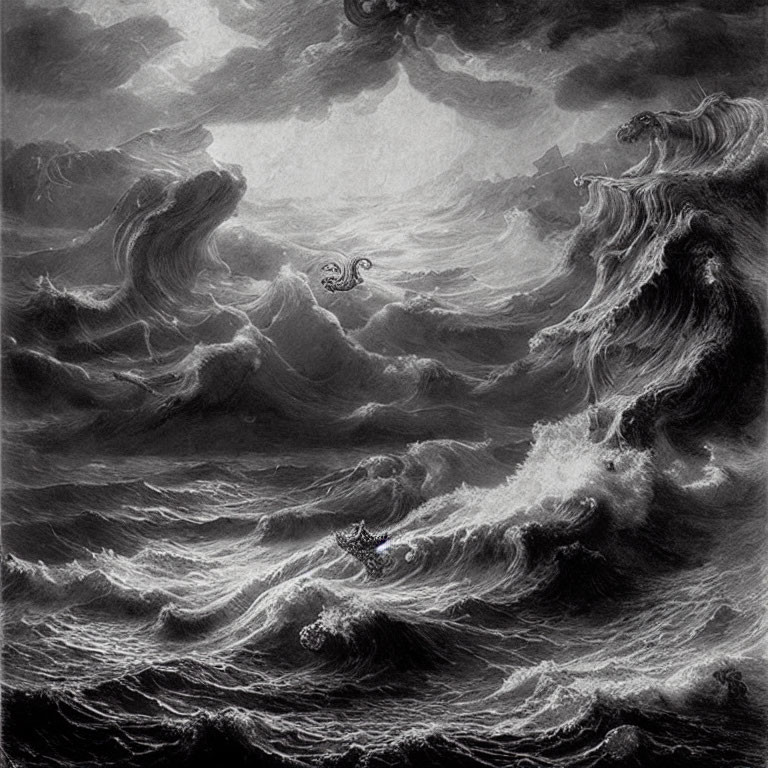Monochromatic artwork of turbulent sea, ship, wavelike clouds, and serpentine figures