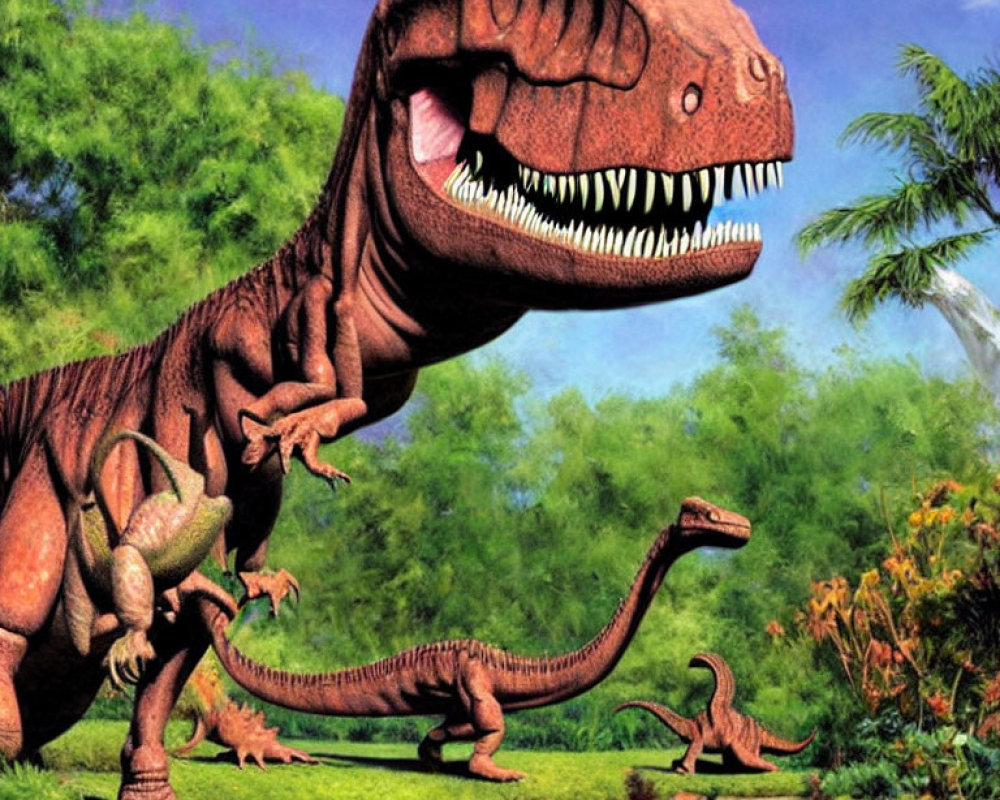 Majestic Tyrannosaurus Rex among smaller dinosaurs in prehistoric scene