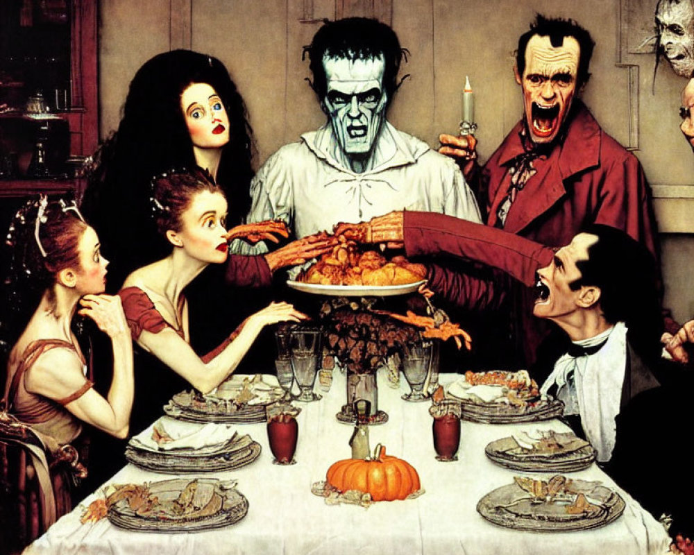 Group of people as famous monsters in Thanksgiving dinner scene
