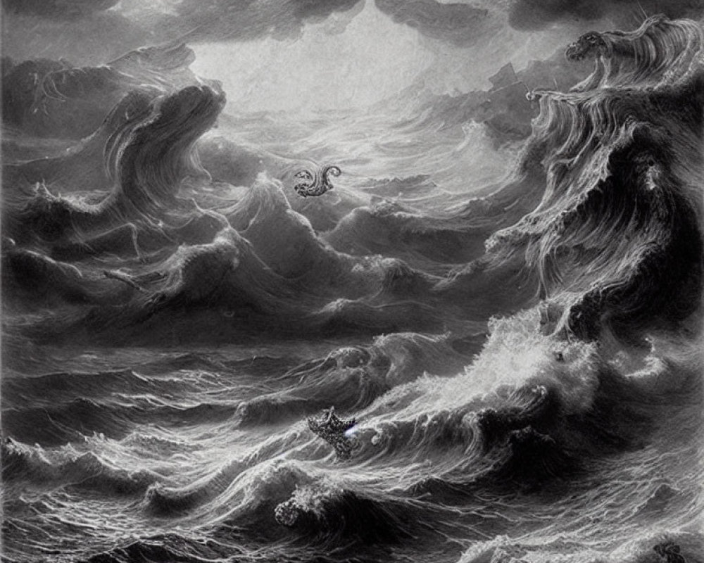Monochromatic artwork of turbulent sea, ship, wavelike clouds, and serpentine figures