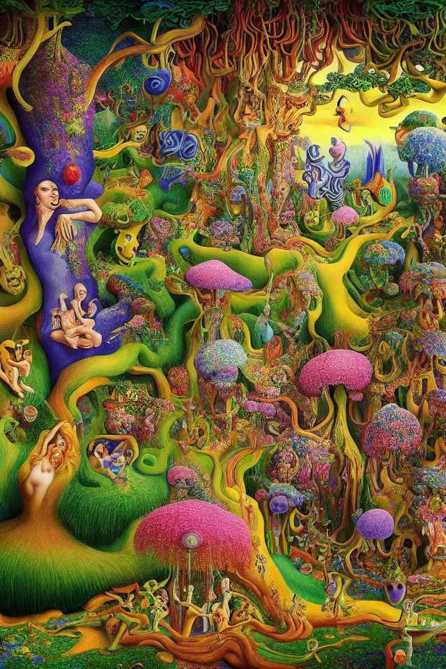 Colorful psychedelic artwork with surreal landscape and abstract human forms