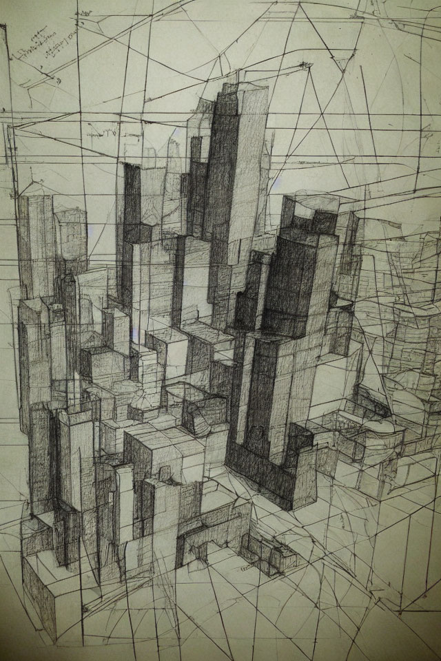 Detailed pencil sketch of complex geometric cityscape buildings.