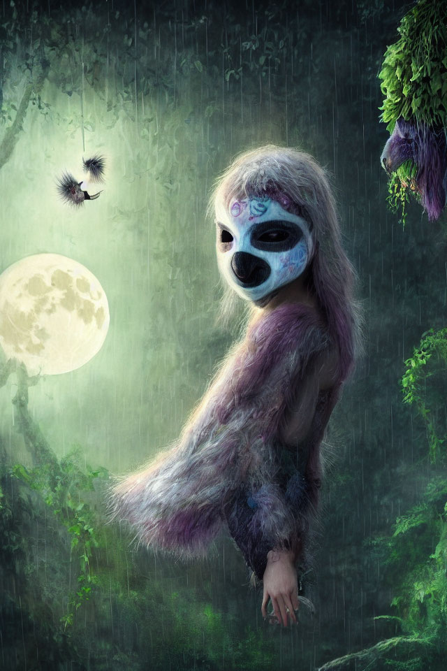 Skull-faced creature in mystical moonlit forest