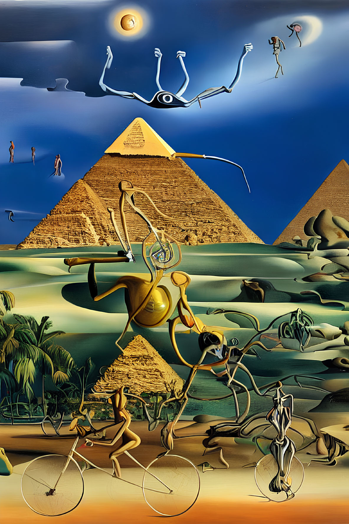 Surrealistic Painting: Great Pyramid, Floating Figures, Bicycles, Desert Landscape