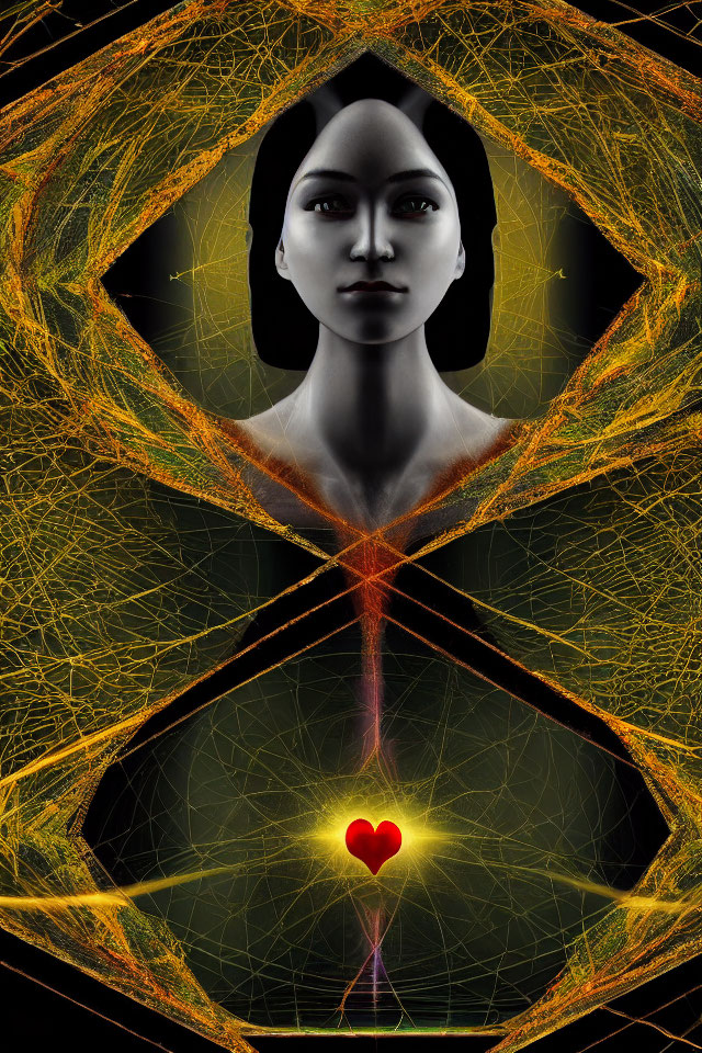 Digital Artwork: Woman's Portrait with Geometric Patterns and Glowing Heart