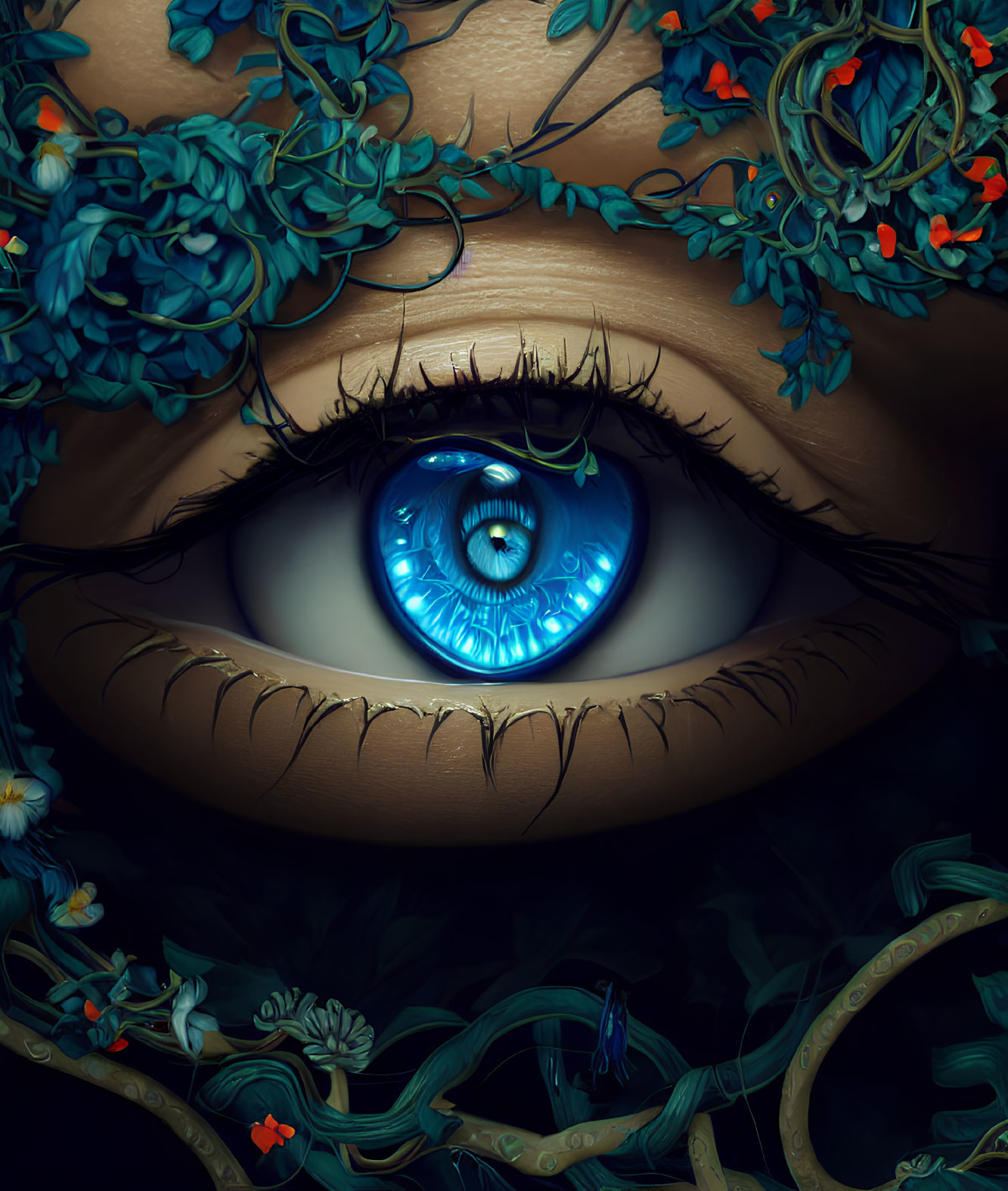 Detailed Blue Eye Surrounded by Blue and Green Flora on Dark Background