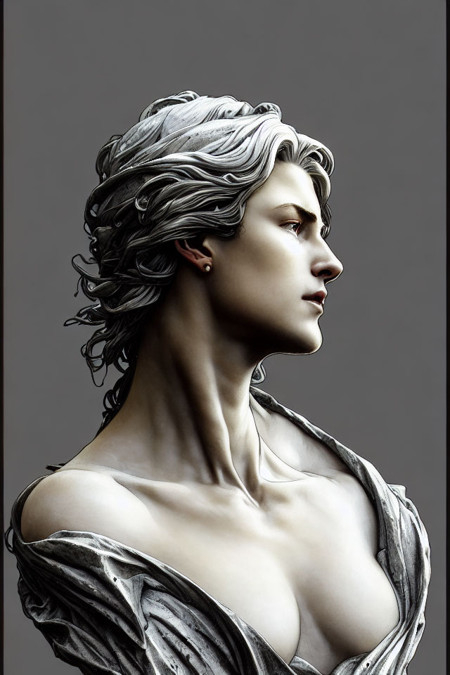 Sculpture of person with wavy hair, earring, and draped attire