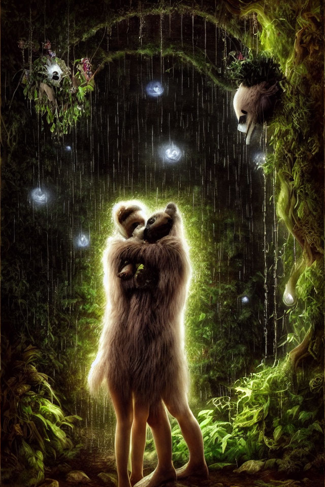 Fantastical creatures embrace in rain-drenched forest with masks and glowing orbs