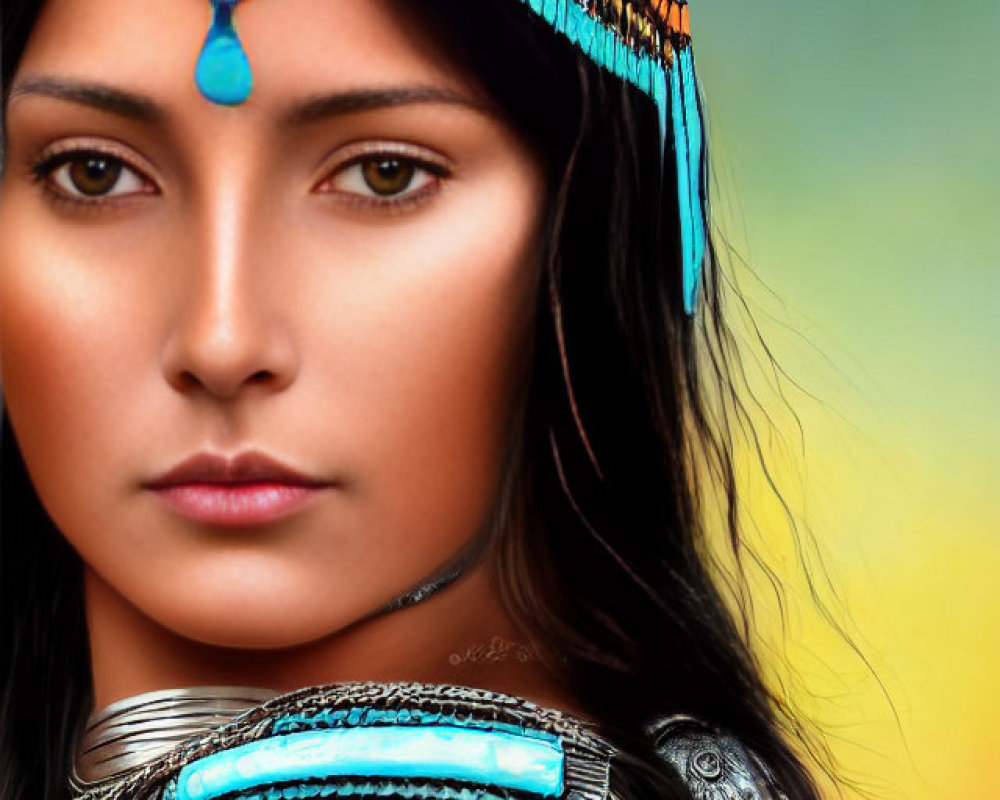 Portrait of Woman with Striking Features and Beaded Headband