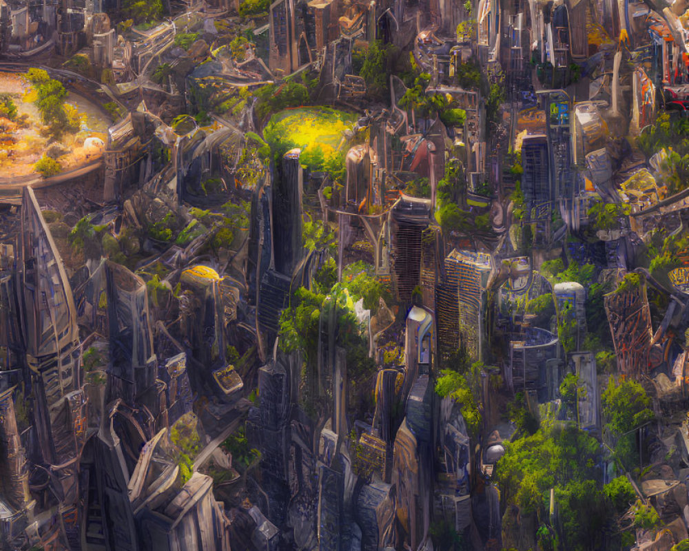Futuristic cityscape with skyscrapers, green spaces, and advanced architecture