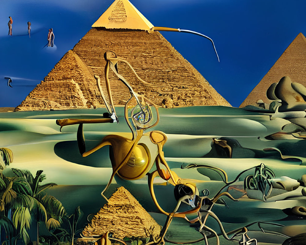 Surrealistic Painting: Great Pyramid, Floating Figures, Bicycles, Desert Landscape