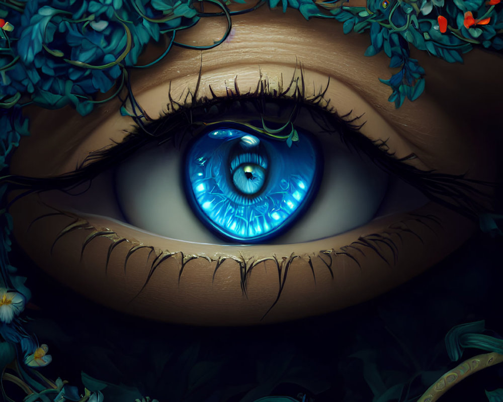 Detailed Blue Eye Surrounded by Blue and Green Flora on Dark Background