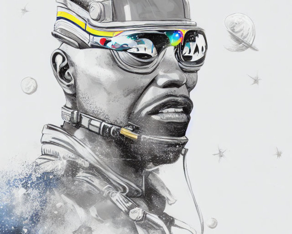 Monochrome portrait of a man with futuristic goggles and headset