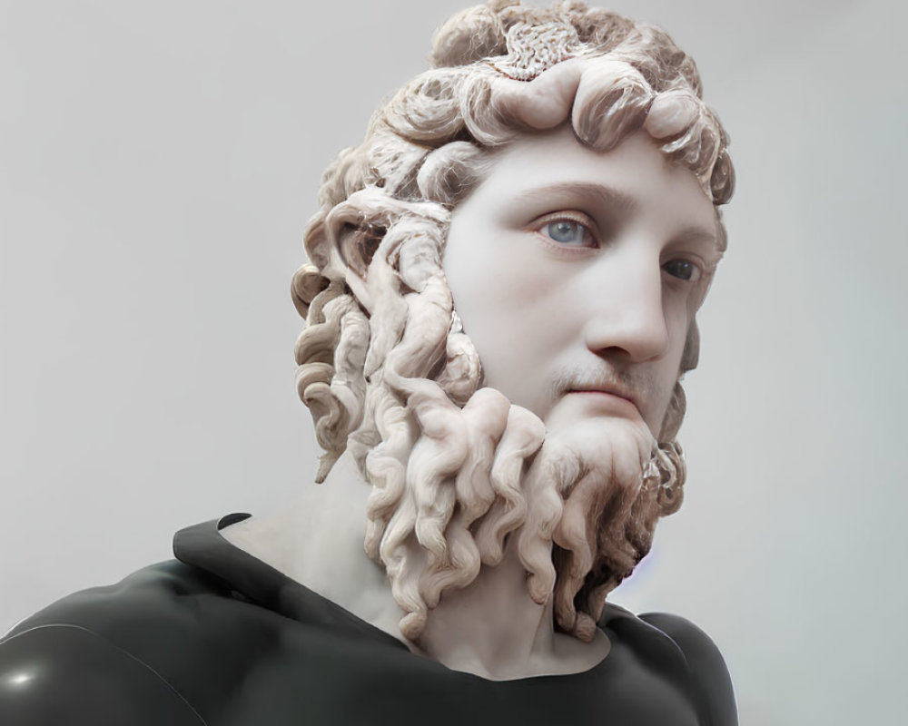 Hyperrealistic Sculpture of Man with Curly Hair, Beard, Blue Eyes, and Black Clothing