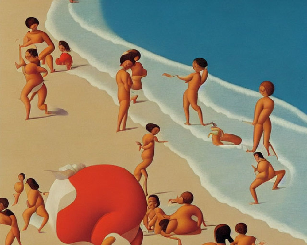 Stylized painting of figures on beach with red & white umbrella