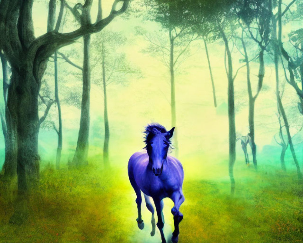 Mystical purple horse in enchanted forest with glowing eyes