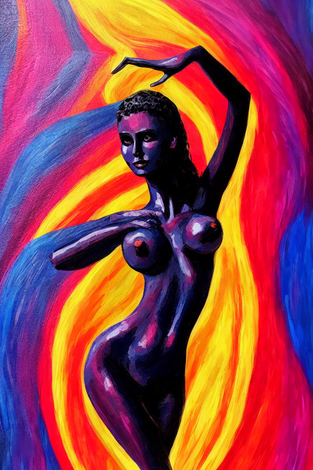 Abstract painting of stylized female figure in vibrant colors