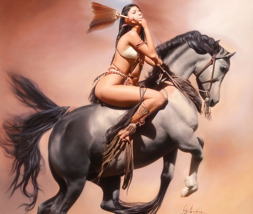 Woman in Native American attire riding galloping grey horse