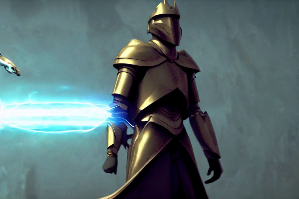 Futuristic knight in sleek armor with blue energy weapon in dimly-lit setting