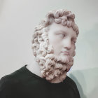 Hyperrealistic Sculpture of Man with Curly Hair, Beard, Blue Eyes, and Black Clothing