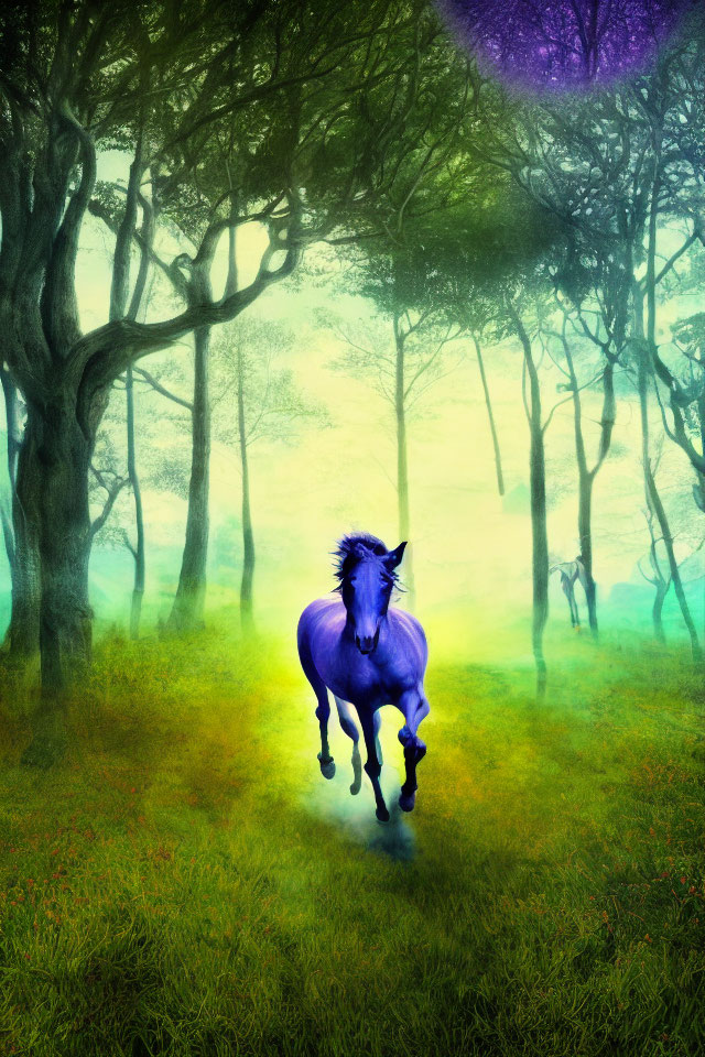 Mystical purple horse in enchanted forest with glowing eyes