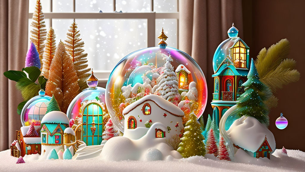 Vibrant Christmas scene with decorated trees and snowy houses.