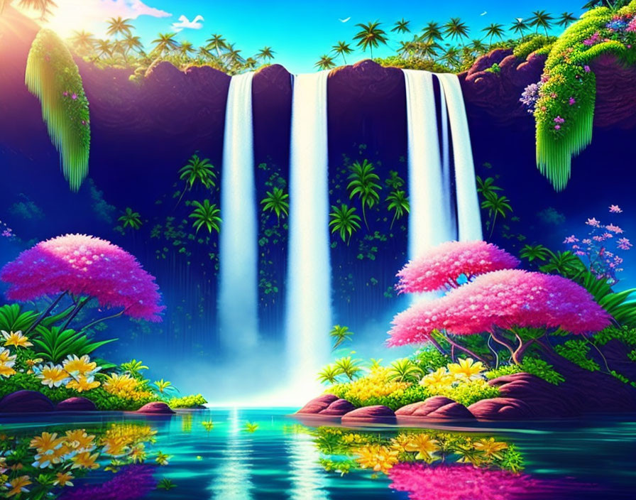Colorful Tropical Waterfall Illustration with Lush Vegetation and Pink Flowering Trees