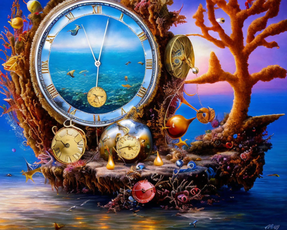 Surreal artwork of large clock with ocean vista and marine elements