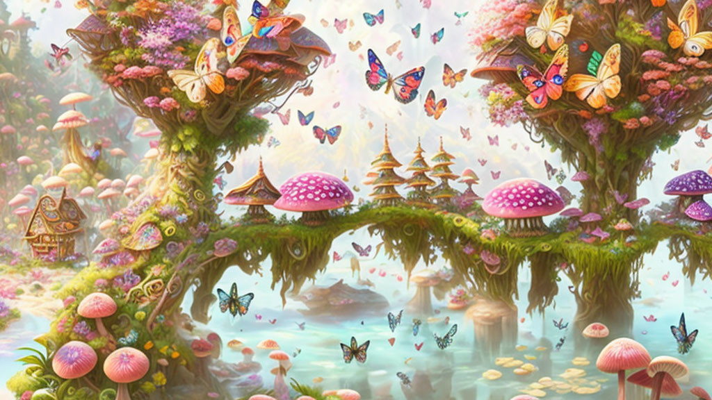 Fantastical forest scene with mushroom trees and colorful butterflies