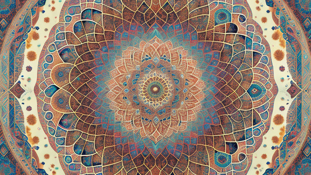 Symmetrical Mandala Design in Warm Blues, Oranges, and Browns