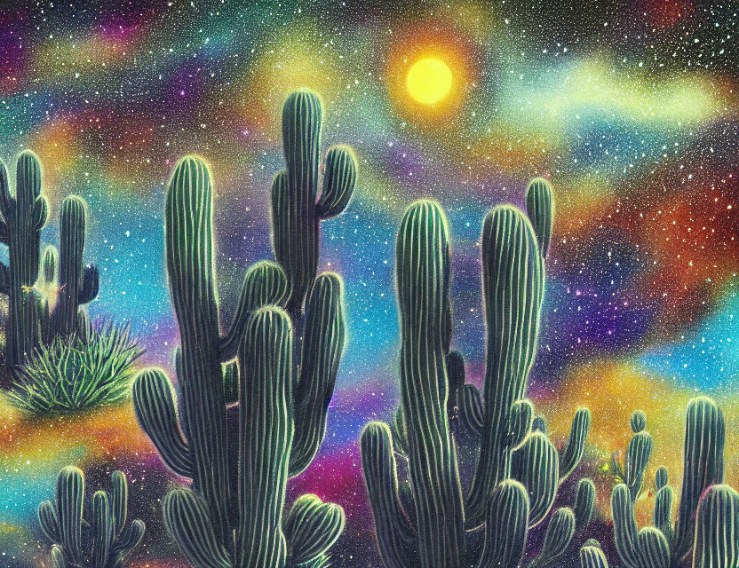 Desert landscape with saguaro cacti under starry night sky
