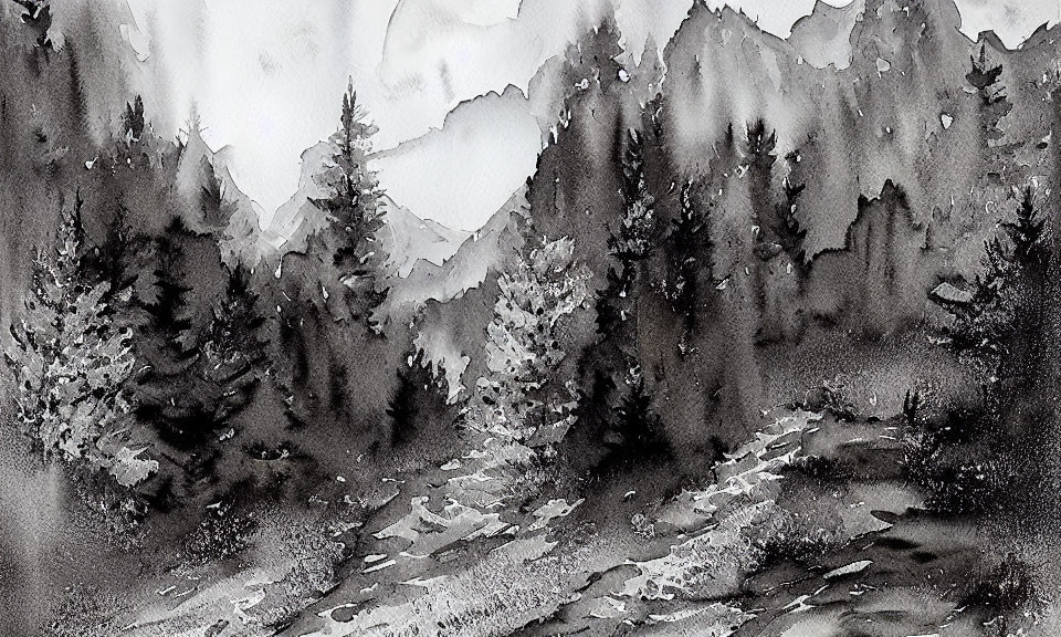 Monochrome watercolor landscape of forested mountain valley