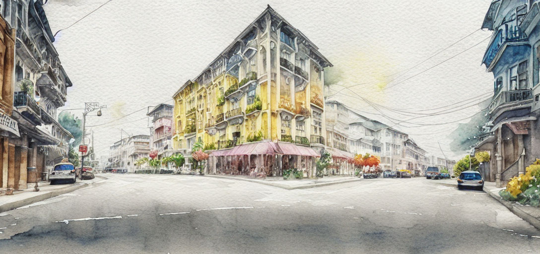 European-style buildings and café in watercolor street scene
