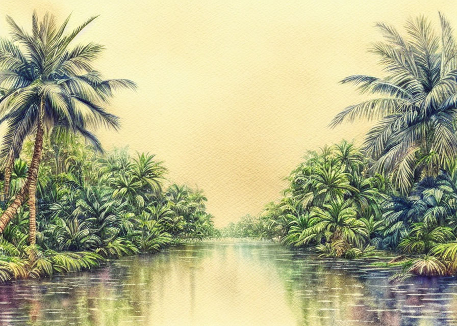 Tranquil tropical river with palm trees and foliage reflecting on calm water