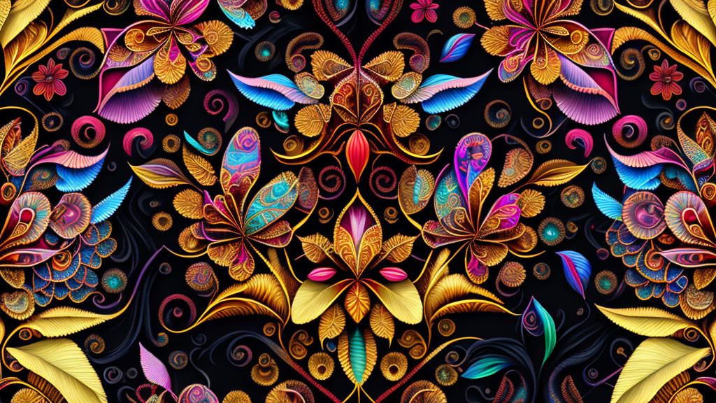 Colorful Flower and Butterfly Patterns on Black Background